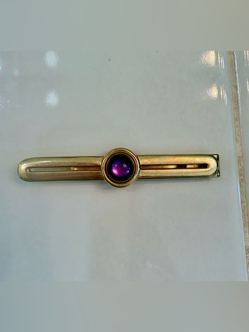 Vintage Swank Brand Gold Tone Tie Clip with Purple Cabochon Stone